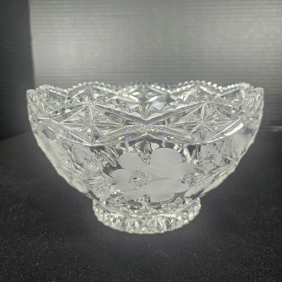 Large Imperlux Cut Crystal Centerpiece Bowl Etched Frosted Roses And Leaves - Picture 1 of 10